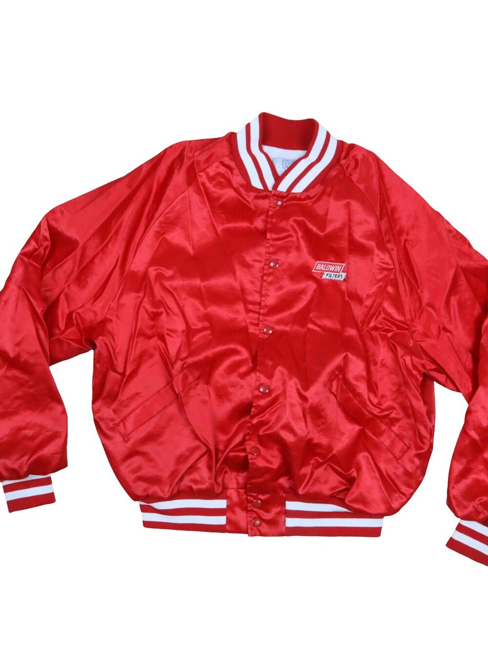 Vintage Baldwin Filters Red Satin Bomber Jacket Cars Racing Garage 70s Men's XL